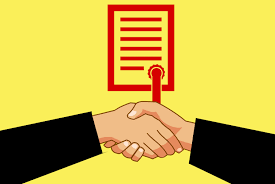 Illustration création d'entreprise par une poignée de mains devant un document signé
