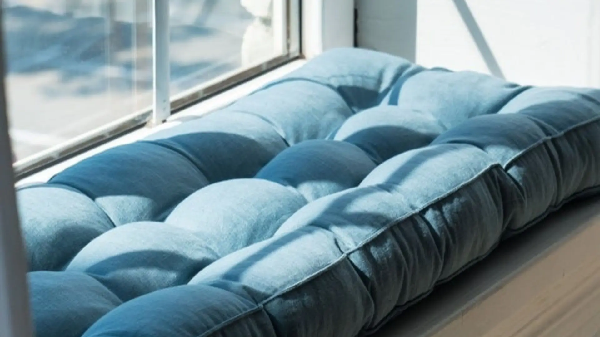 Coussin capitonné bleu en tissu, posé sur un rebord de fenêtre, illustrant les savoir-faire enseignés en formation de couture d’ameublement.