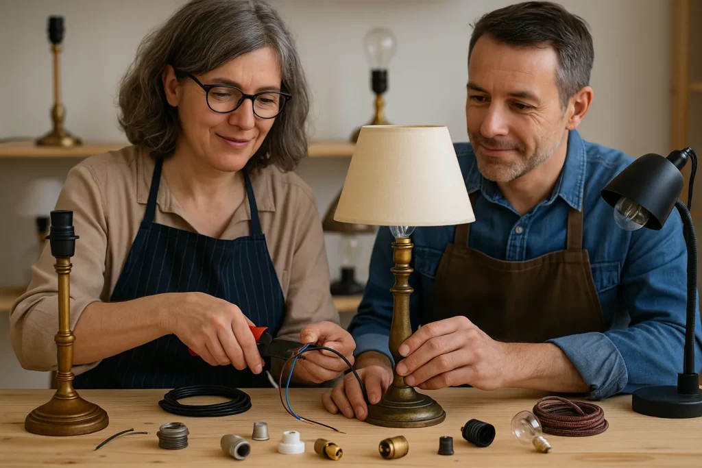 Électrification de luminaire avec EAD formations. Une femme et son formateur montent une lampe.