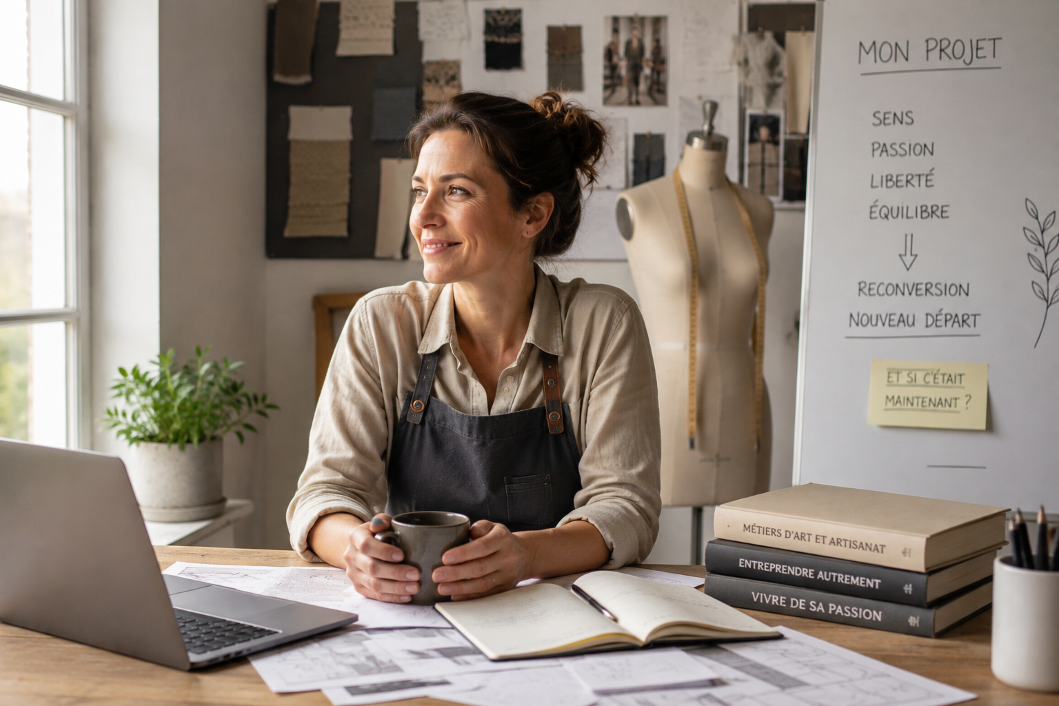 Reconversion professionnelle : femme préparant son projet de reconversion dans un atelier d’artisanat
