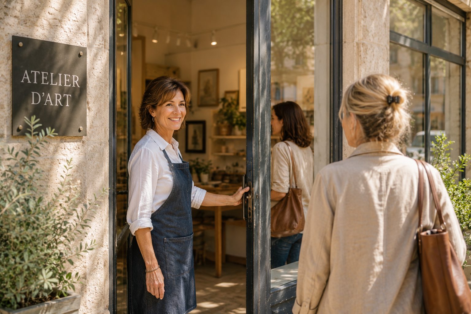 Reconversion professionnelle dans l’artisanat : artisane accueillant des clientes dans son atelier d’art
